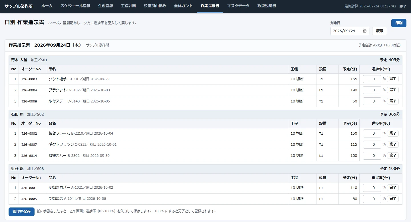 日別作業指示書の画面。作業者ごとに、担当するオーダー・工程・設備・予定時間が並んでいる